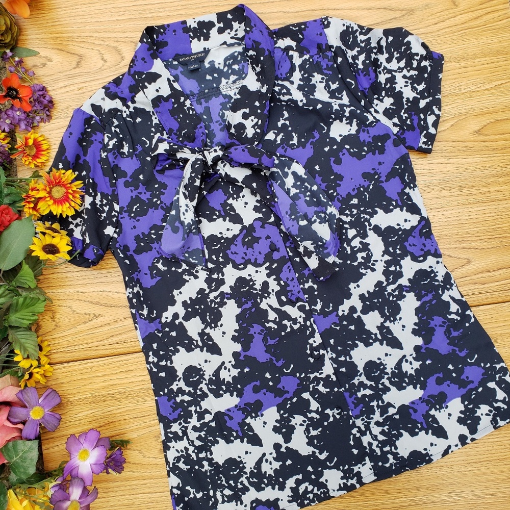 Banana Republic Purple Black Pattern Bow Tie Top